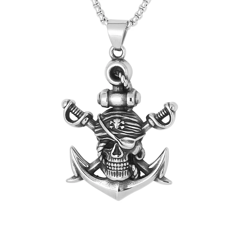 

Personality Punk Pirate Jewelry Vintage Design Stainless Steel Double Sword Anchor Skull Pendant Necklace