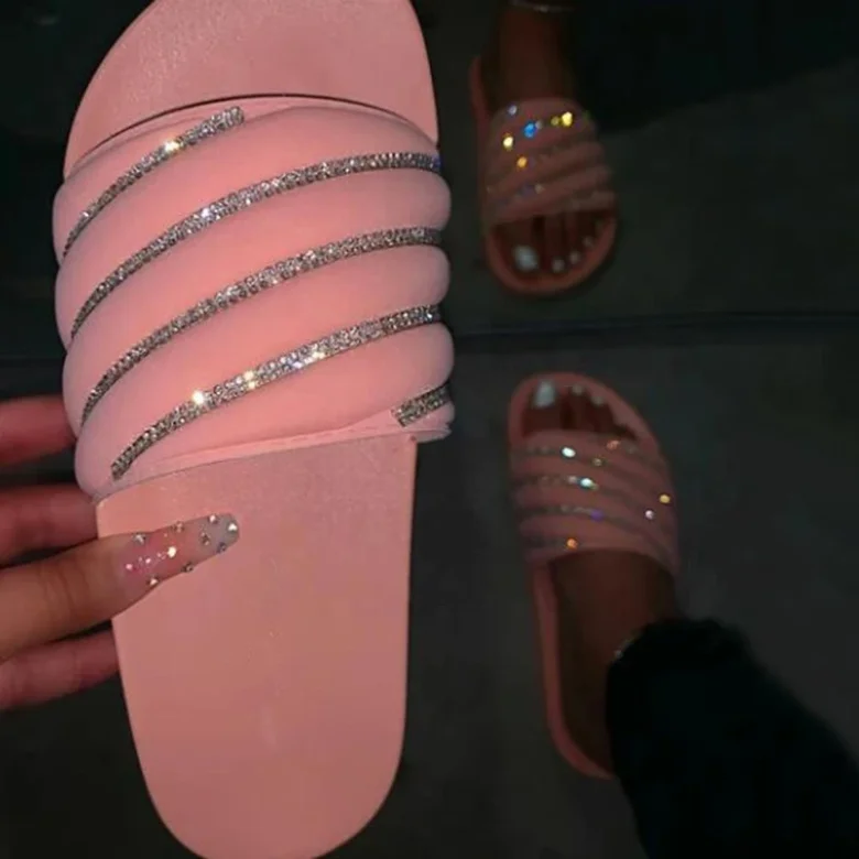 

Rhinestone Flip Flop Flat Pink Shoes Slip-On Sandals Summer Women Slippers, Black pink