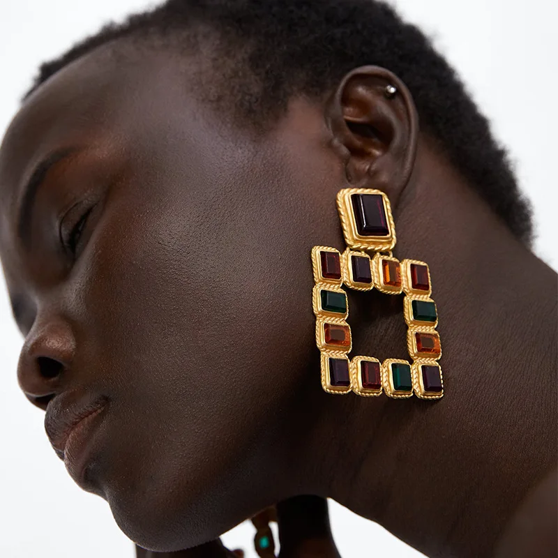 

Exaggerated square inlaid acrylic earrings geometric multilayer earrings