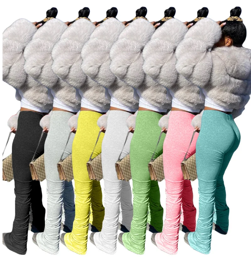 

Spring XS-3XL fashion women Mid waist drawstring tie Pleated flare pants plus size stacked leggings women, White, yellow, gray, green, black, pink, blue