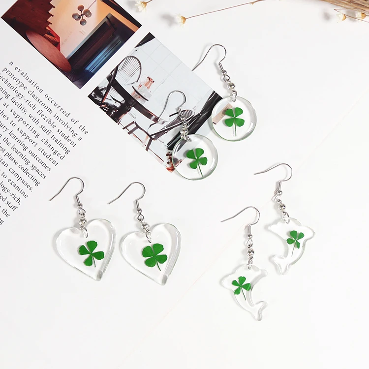 

Multiple Shapes Fashion Jewelry Charm Earrings Real Plants Clear Imitated-amber Four Leaf Clover Earrings