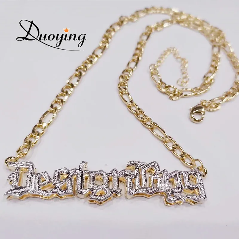 

2021 Newest Vintage 3D Personalized Double Nameplate Figaro Chain Old English Font Gold Plated Custom Name Necklace Jewelry, Gold, silver