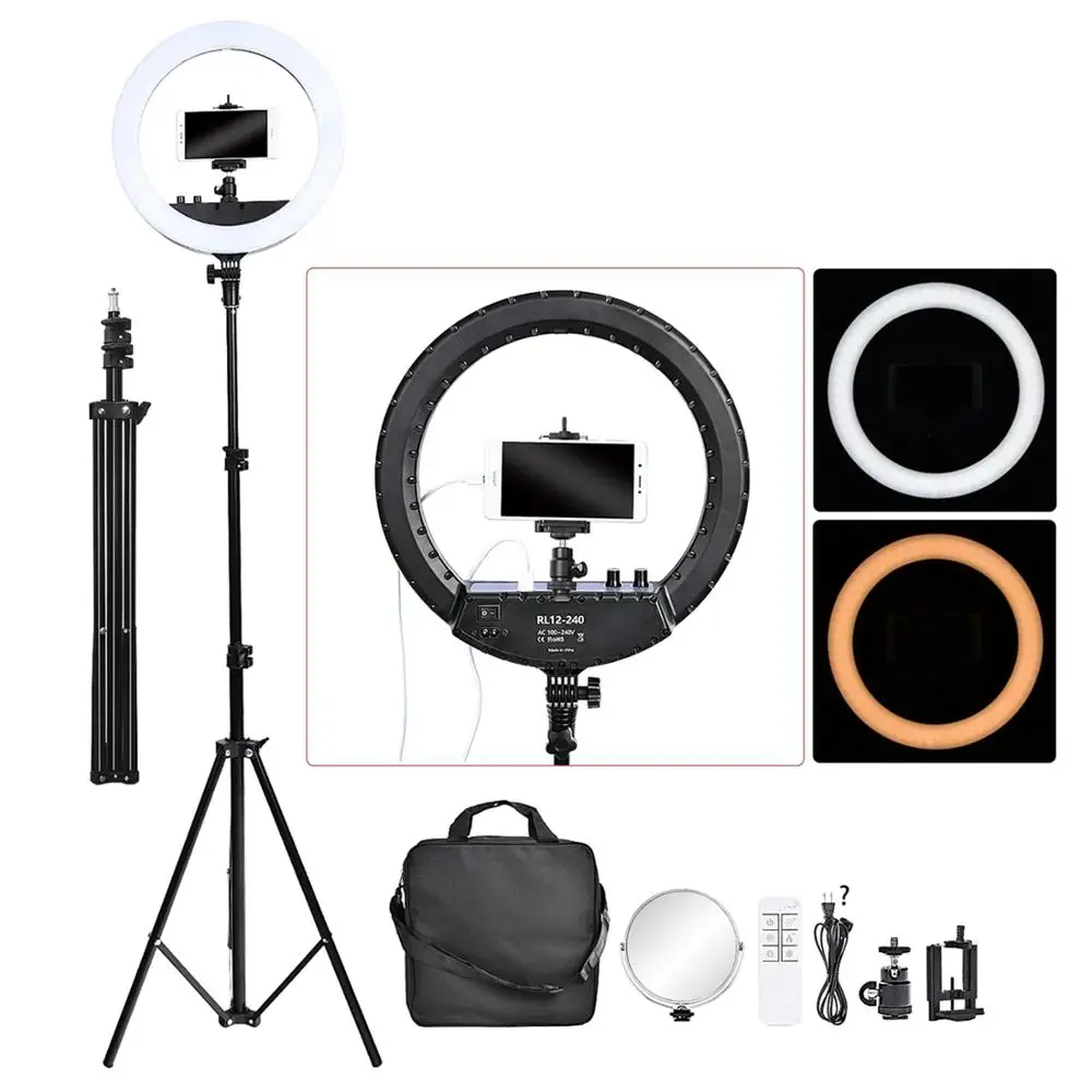 

Indonesia Free Shipping FOSOTO RL12-240 camera rovtop dimmable USB rechargeable LED self ring light with tripod stand and mirror, Black