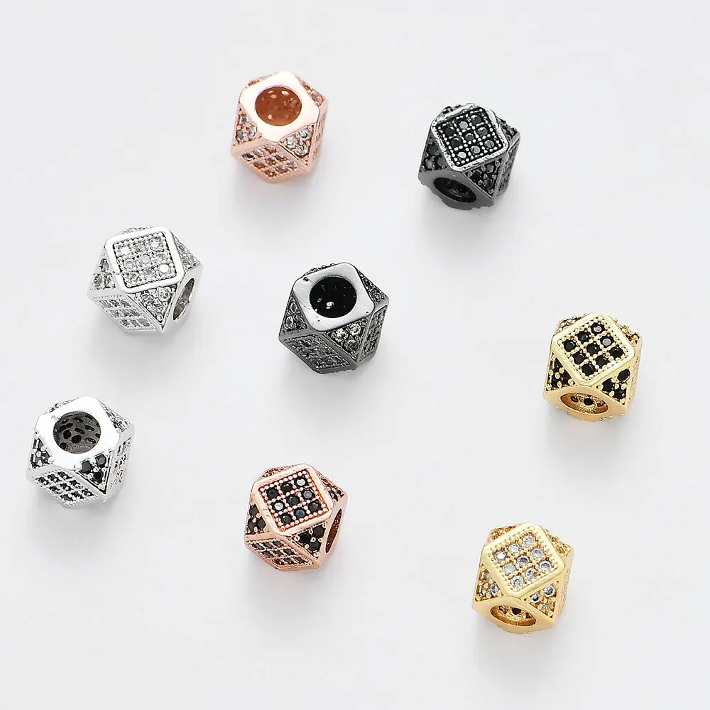 

White Black Crystal CZ Polygon Ball Loose Spacers Pave Cubic Zircon Geometry Loose Beads Large Hole Polygon Connector, Multi colors