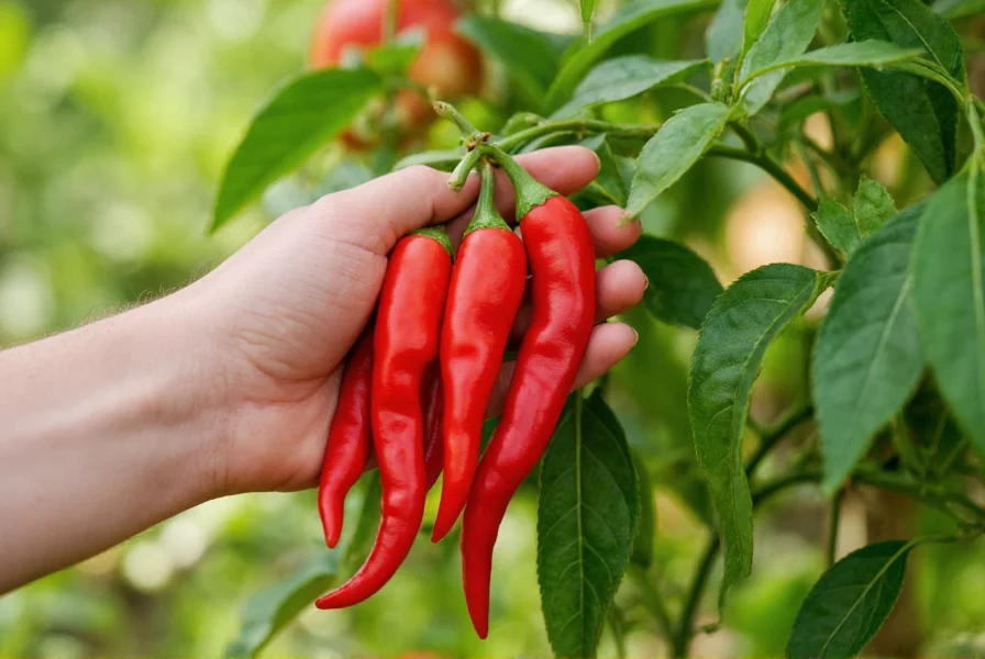 Hand holding ripe red pequin peppers against green foliage showing proper harvesting technique