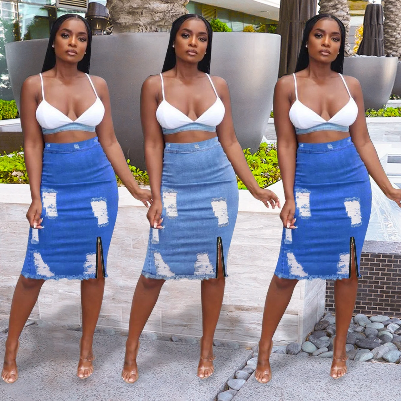 

QC-PD9043 2021 street style sexy hollow out blue jeans dresses womens summer high waist wrap jeans skirt women denim with slit