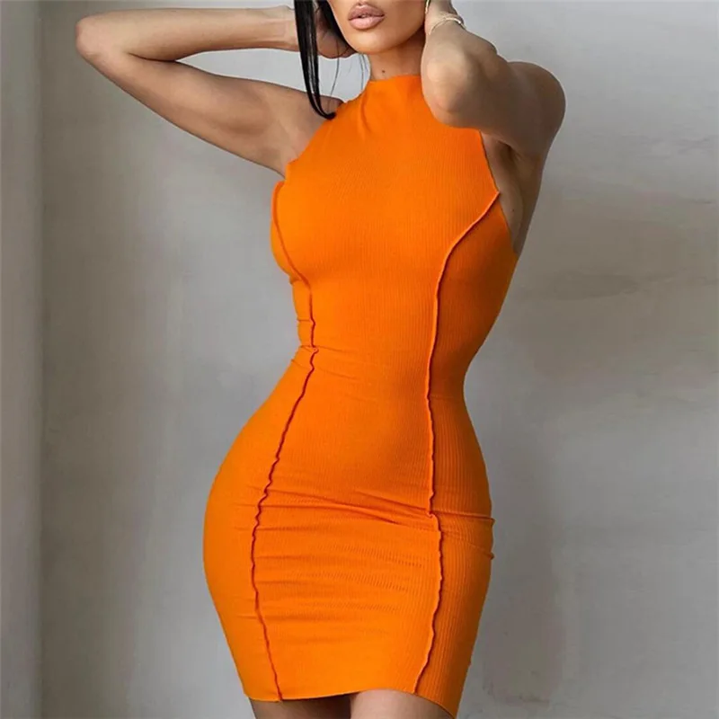 

Fashion Outfit 2021 Summer Round Neck Mini Dress Bodycon Sleeveless Club Party Dress Knitting Solid, Orange/purple/khaki/brwon/black