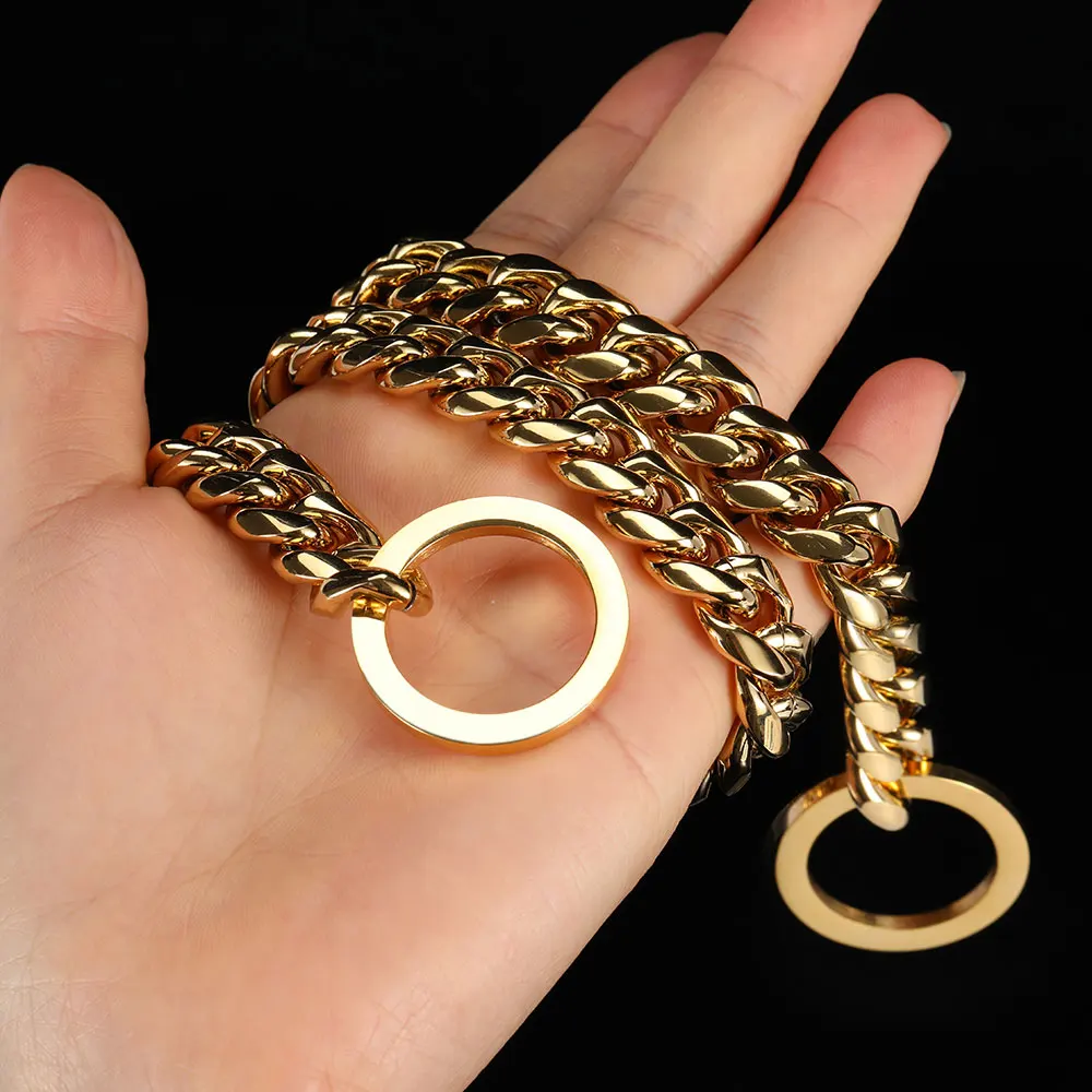 

Gold Dog Chain Stainless Steel Dog Collar Luxury 18K Gold Cuban Link Dog Chain, Silver/gold /rainbow/black