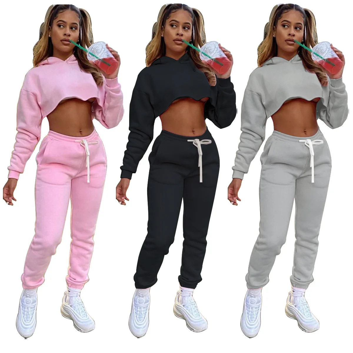 

Fall Winter solid color fleece two piece crop top hoodie set sweatsuit women tracksuit, Pink,yellow,gray,black,red