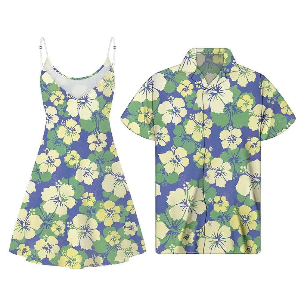 

Summer Beach Dresses Women Samoa Blue Pattern with Green & Yellow Hibiscus Plus Size Women Dresses Slip Couples Matching Clothes, Customized color