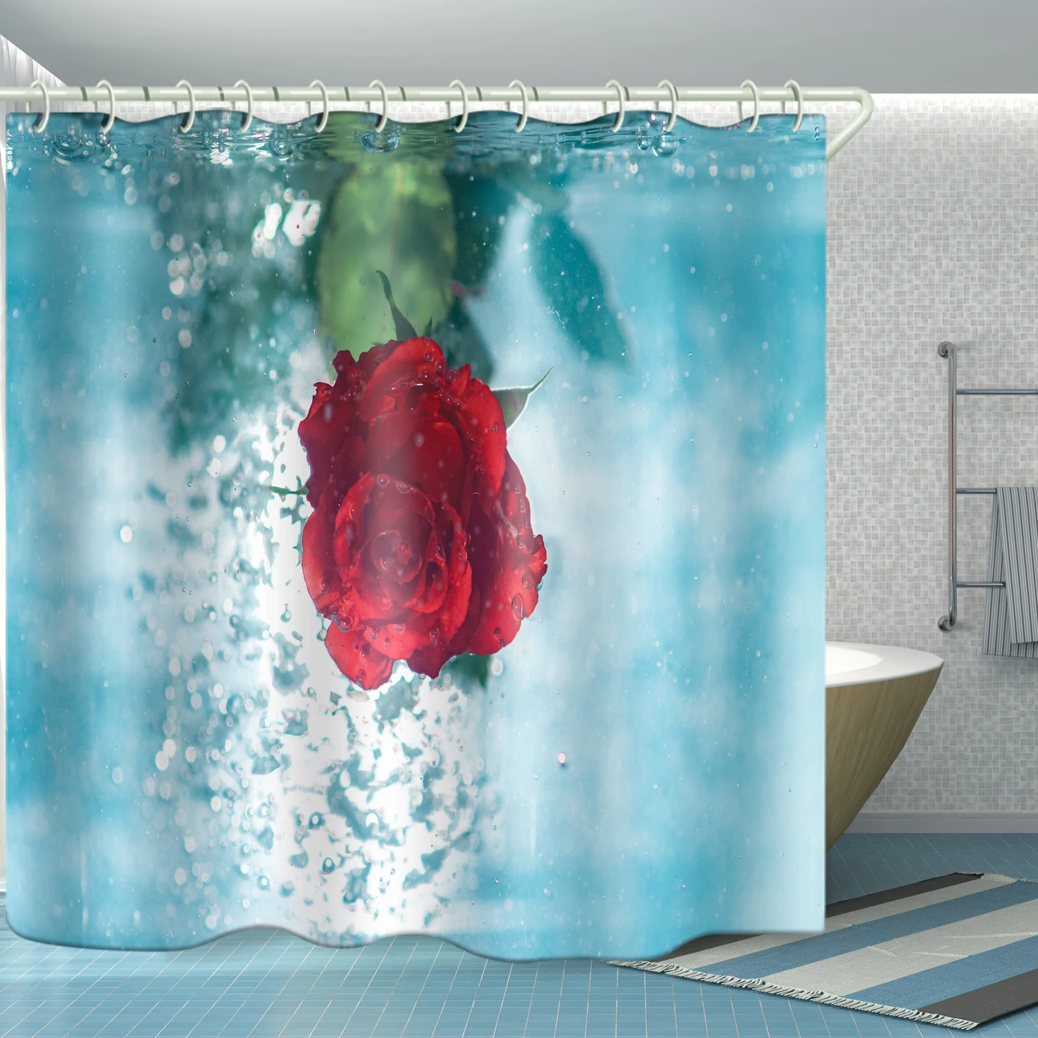 

180cm x 180cm Waterproof Fabric Lining Cover Bathtub Bathroom Curtain Water Drop Red Rose Customizable Printing Shower Curtain, Picture