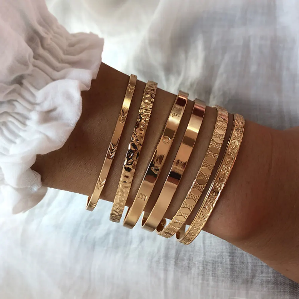 

boho fashion alloy metal open bangle cuff bracelet set 6pcs a set, Gold