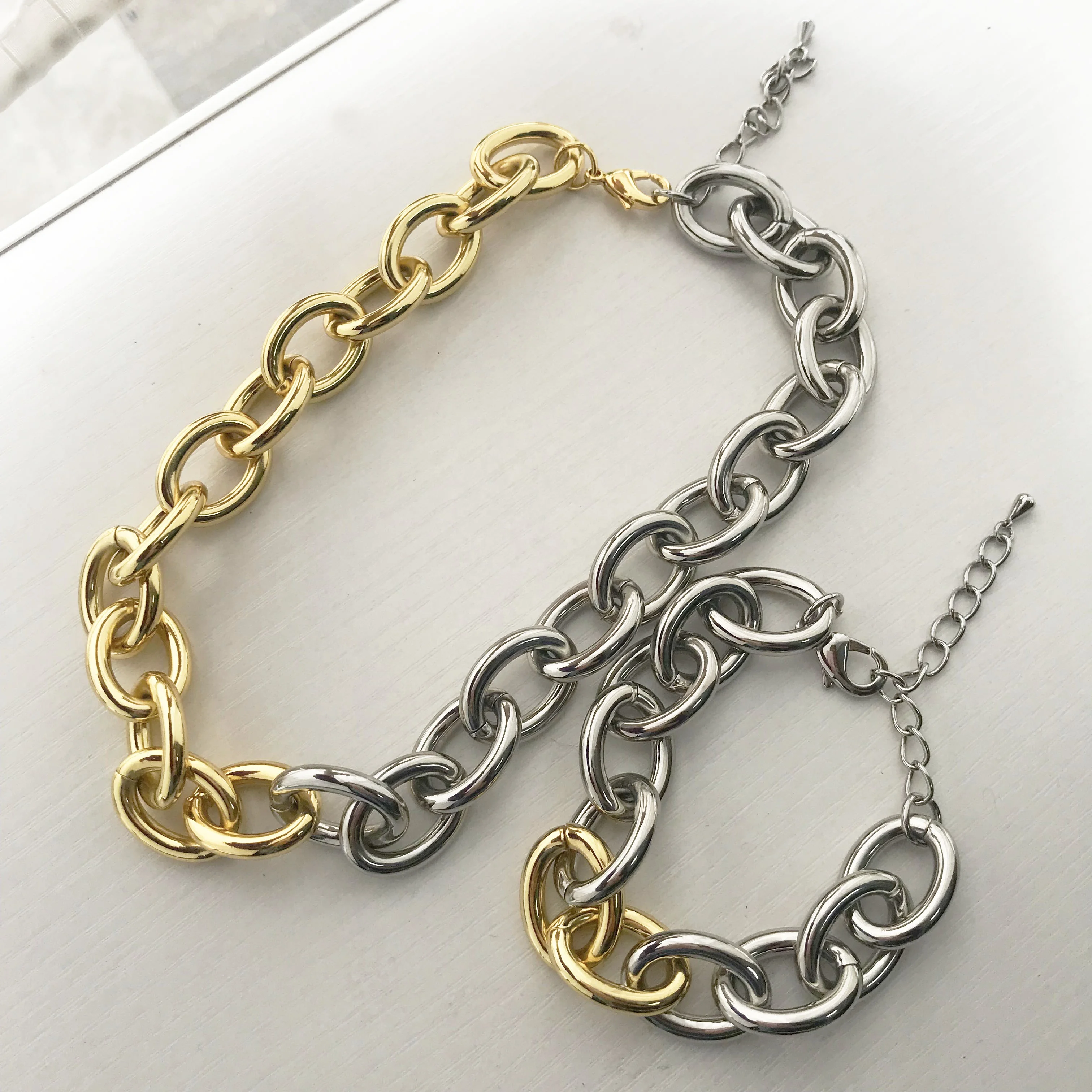 

Eico New Fashion Hip-Hop Style Double Color Gold And Silver Connected Necklace Bracelet Jewelry Sets