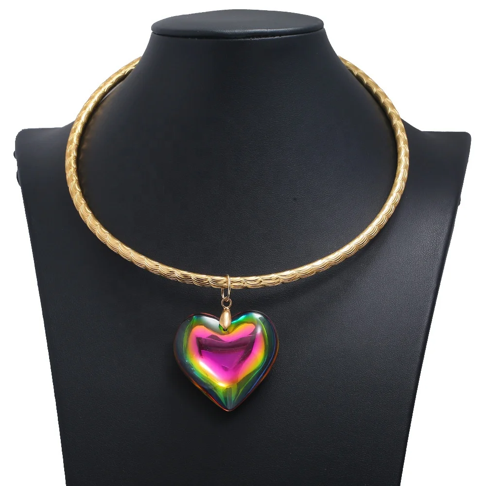 

Wholesale womens fashion gold plated colorful crystal glass heart pendant necklace chocker collar jewelry