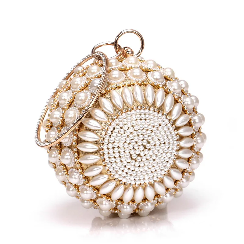 

Womans Round Clutch Ball Handbag Dazzling Full Rhinestone Tassles Ring Handle Purse Pearls Evening Bag, Customized