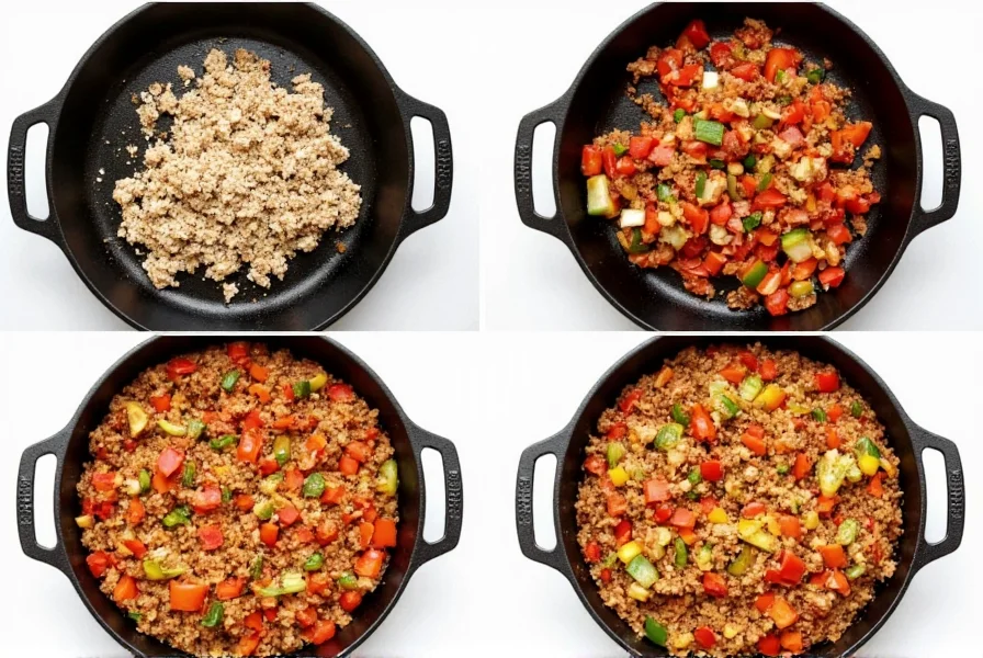 Step-by-step preparation of stuffed bell pepper filling with ground turkey, rice, and vegetables in a cast iron skillet