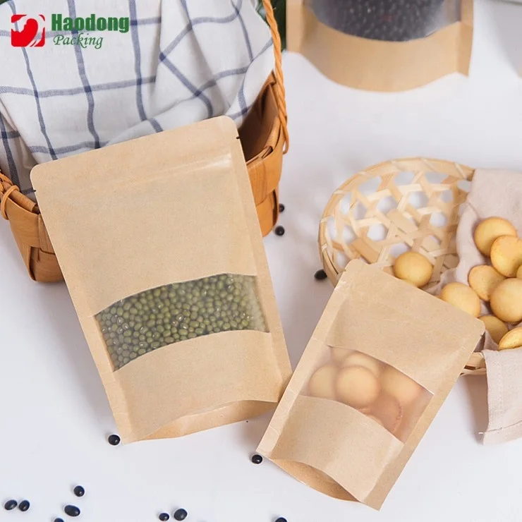 

Stand Up Kraft Paper Pouch Bag With Window Bottom Gusset Nuts Food Plastic Packaging
