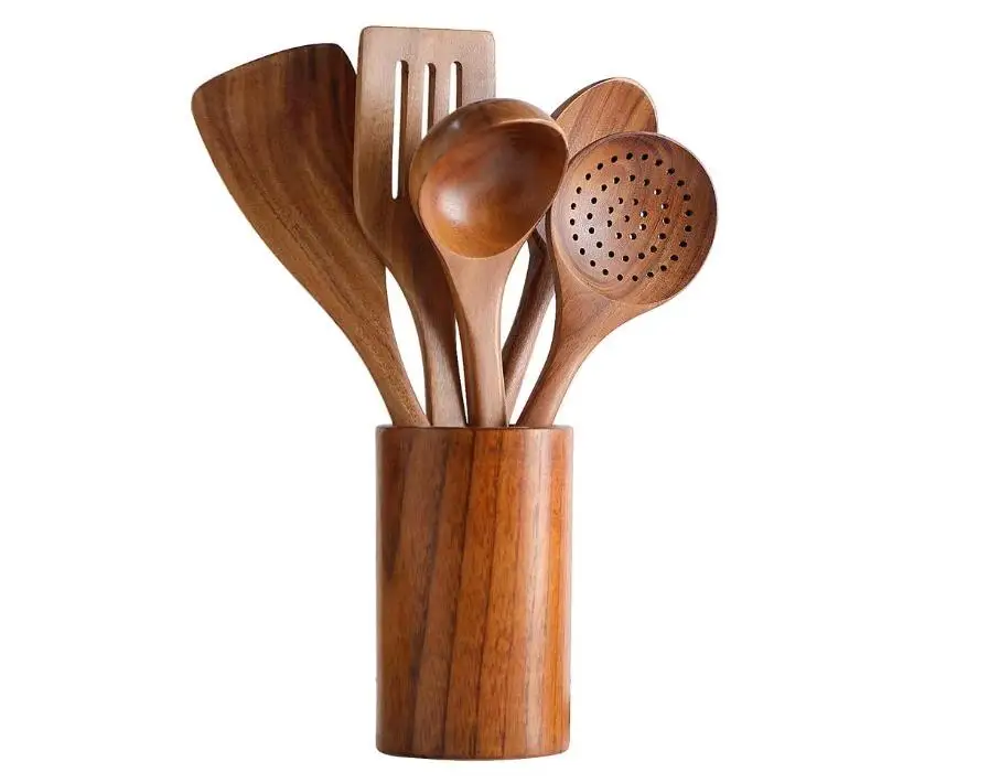 

Natural Nonstick Hard Wooden Spatula and Spoons 6 Pieces Teak Wood Kitchenware Cooking Utensil Set With Holder, Natural wood