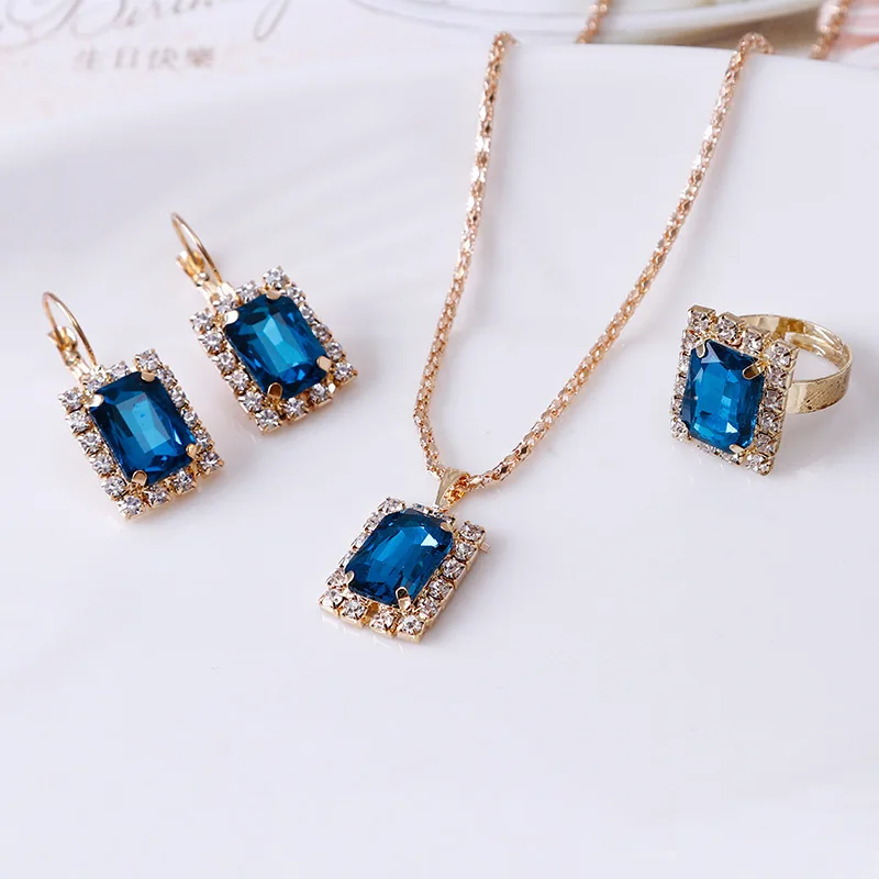 

Square Wedding Bridal Jewellery Set Alloy Crystal Rhinestones Gem Studs Earrings And Necklace And Rings For Women