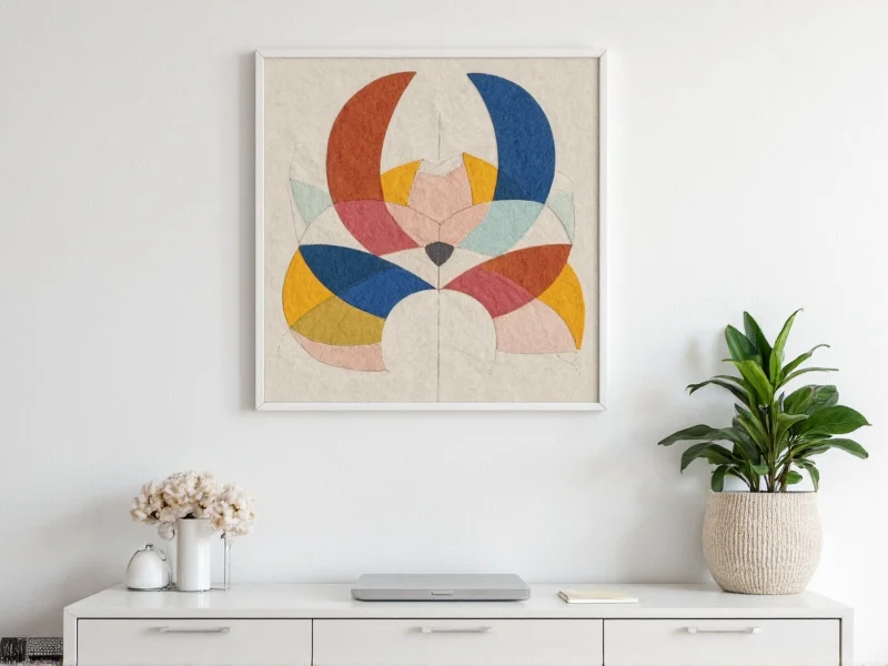 Modern geometric felt wall art hanging on white wall