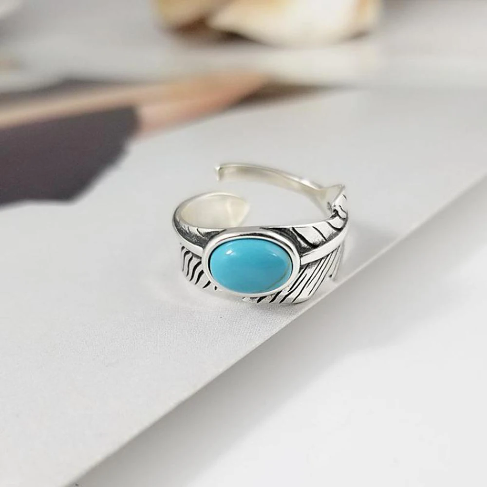 

New Arrival Real 925 Sterling Silver Rings For Women With Turquoise Stone Vintage Opening Type Leaf Oval Shape Turkish Jewelry