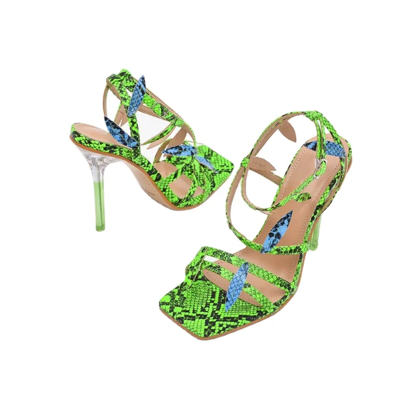 

Fashion Leaves Design Green Snake Print Summer Sandals Women Party Shoes Ankle Buckle Strap Transparent Crystal Heels, Blue, orange