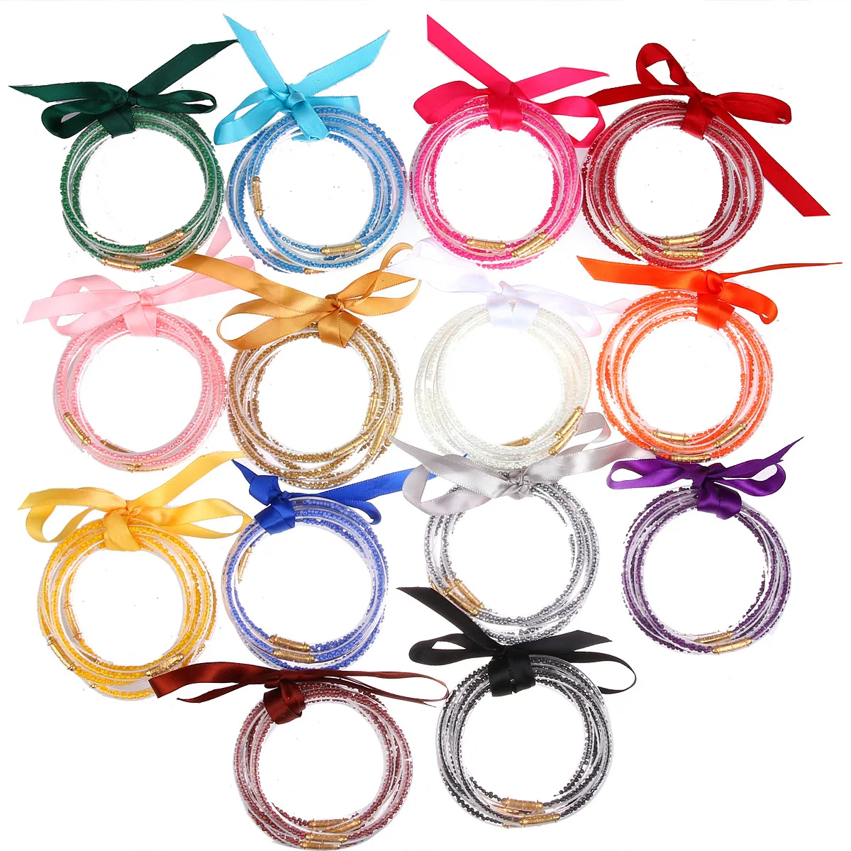 

2021 New Arrivals Girls 5pcs pack Multicolor Bowknot Ribbon Beads Filled Plastic Jelly Bracelets Clear Silicone Jelly Bangles, 16 multicolors