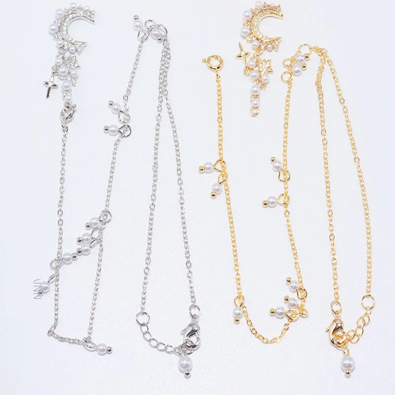

Boutique Nail Arts AAA Zircon Long Hand Chain Moon Shape White Little Pearl Nail Charms Finger Nail Jewelry, Colorful