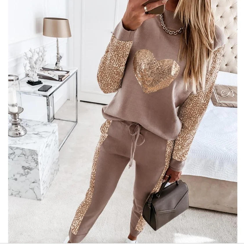 

Sequins Tracksuit 2 Piece Set spring Autumn Pullover Suit For Women Matching Sets Long Sleeve Top & Drawstring Waist Pants Set