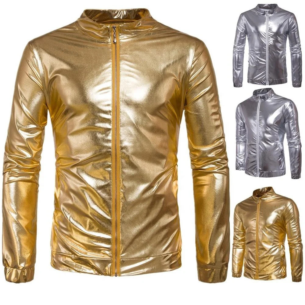 

2020 New Arrival Mens Shiny Metallic Front Zip Bomber Jacket