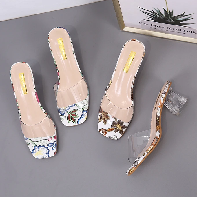

Clear pvc and flowers pattern ladies summer slippers transparent heel slippers for ladies