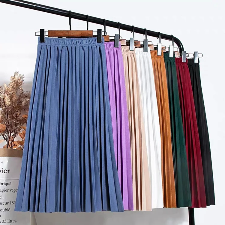 

Best Quality Wholesale Multi Colors Loose Womens Pleated Long Midi Skirt, Blue, white, purple, khaki, green, red, black, yellow