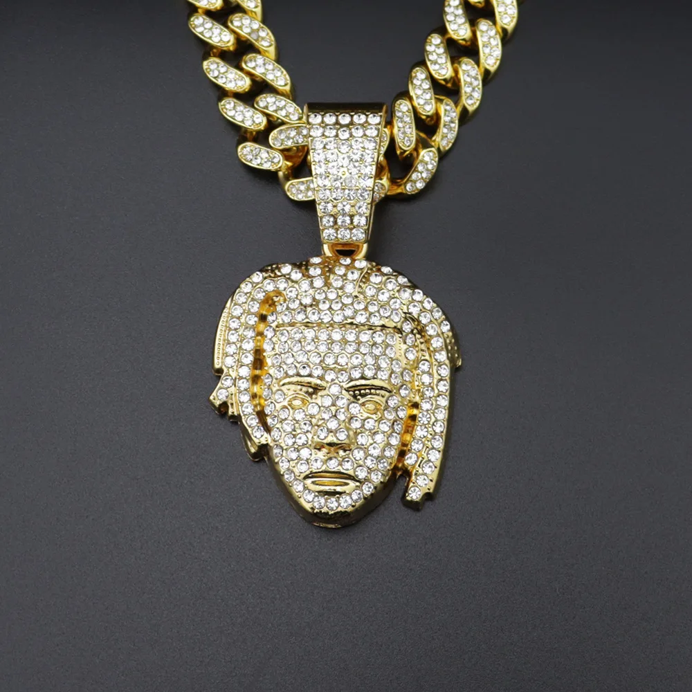 

European And American Hip Hop Artist Head Portrait Pendant Inlaid With Water Diamond Personality Hiphop Necklace Jewelry, Silver, gold