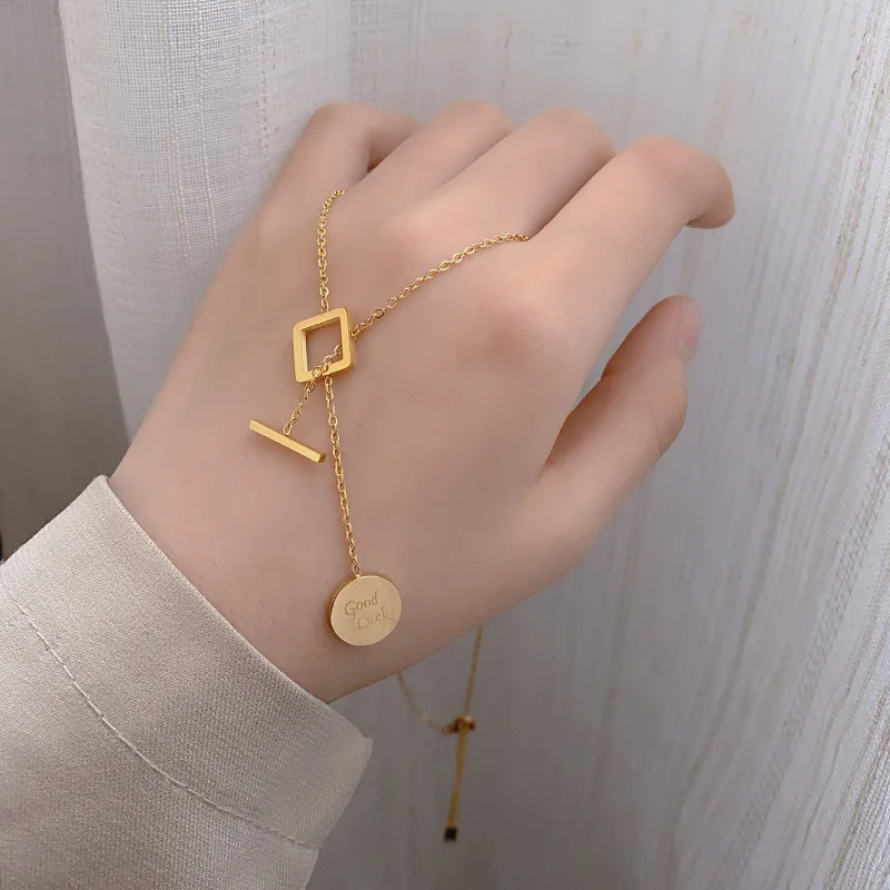 

Good Luck Gold Plated Titanium Stainless Steel Geometrical Shape Pendant Chain Necklaces For Women