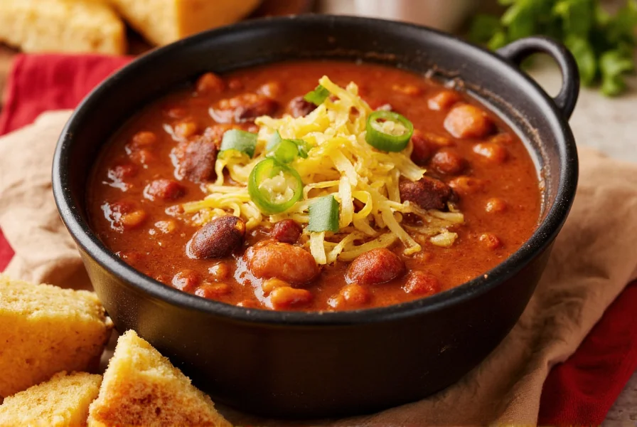 Close-up of authentic Texas-style chili in a bowl with garnishes and side of cornbread