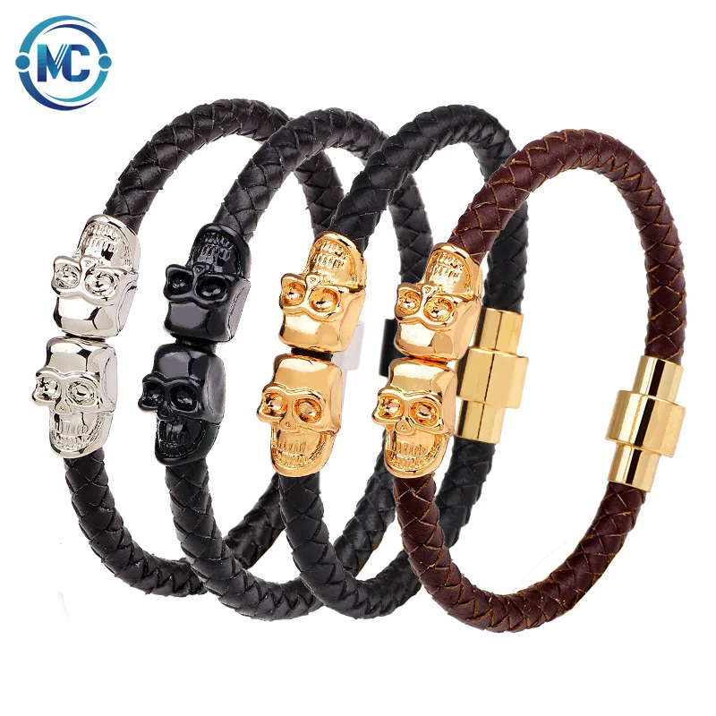 

Fashion Retro Leather Bracelet men's skull head woven magnetic buckle bracelet punk accessories Jewelry bracelet for men, Black