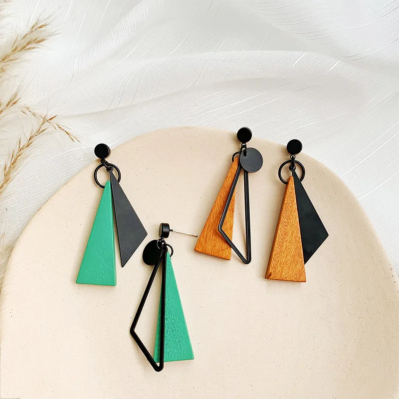 

Best Selling Korean Style Multicolor Geometric Wooden Drop Earrings Asymmetric Hollow Wood Triangle Pendant Earring For Ladies