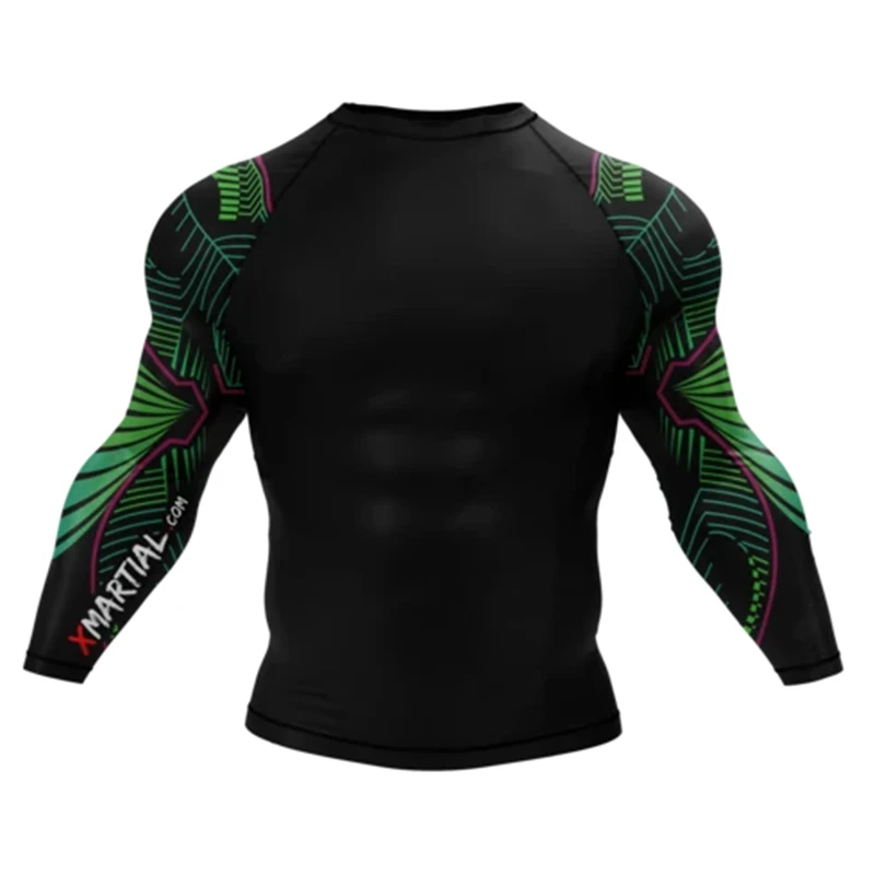 

Tropical leaf sleeve Digital Printing Men MMA Rash Guards Custom Design Tee Tops, Black/red