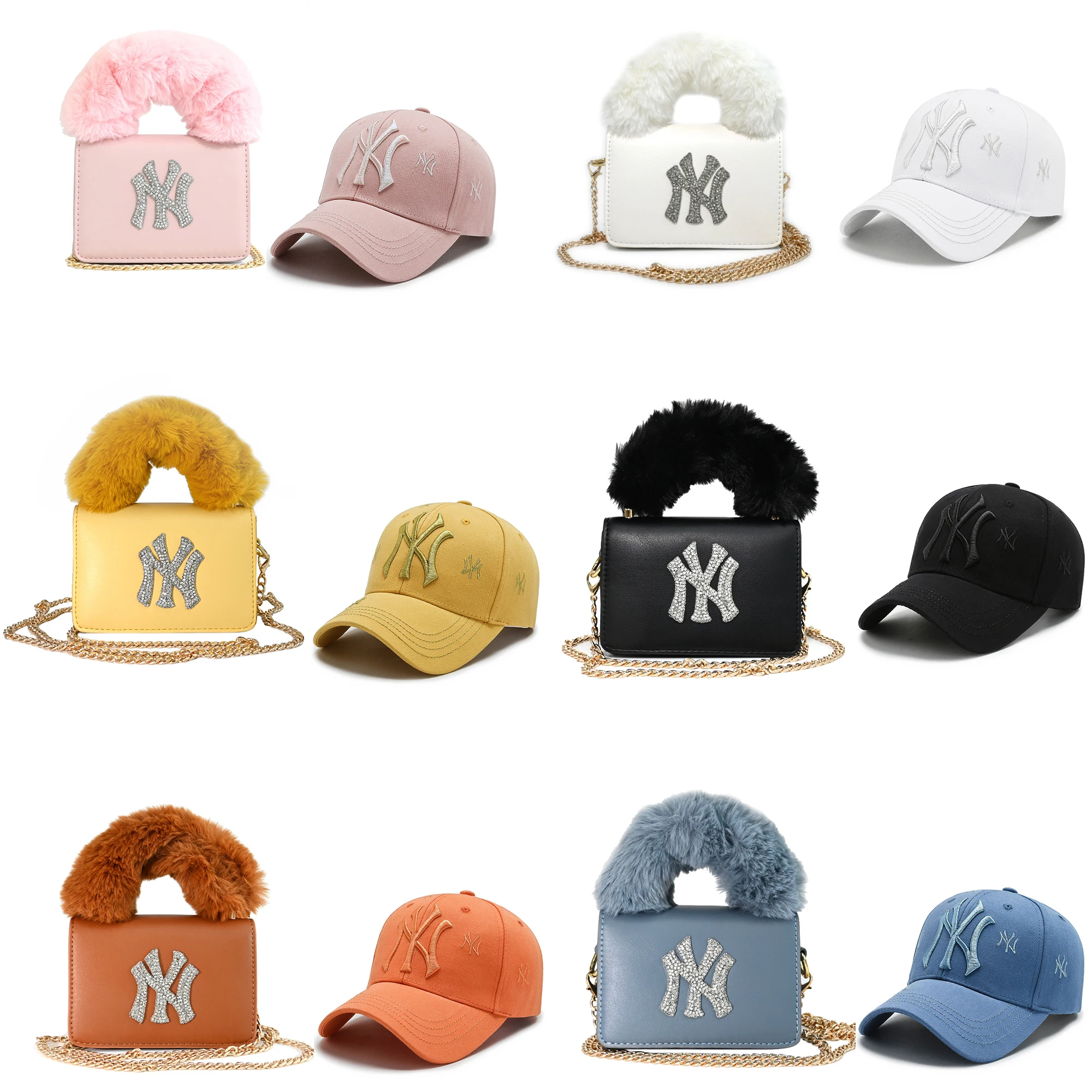 

Hot Selling Wholesale ny bucket fur hat and purse set,ny purse and hat set,ny hat and purse set fur, Yellow, red, green, black, pink