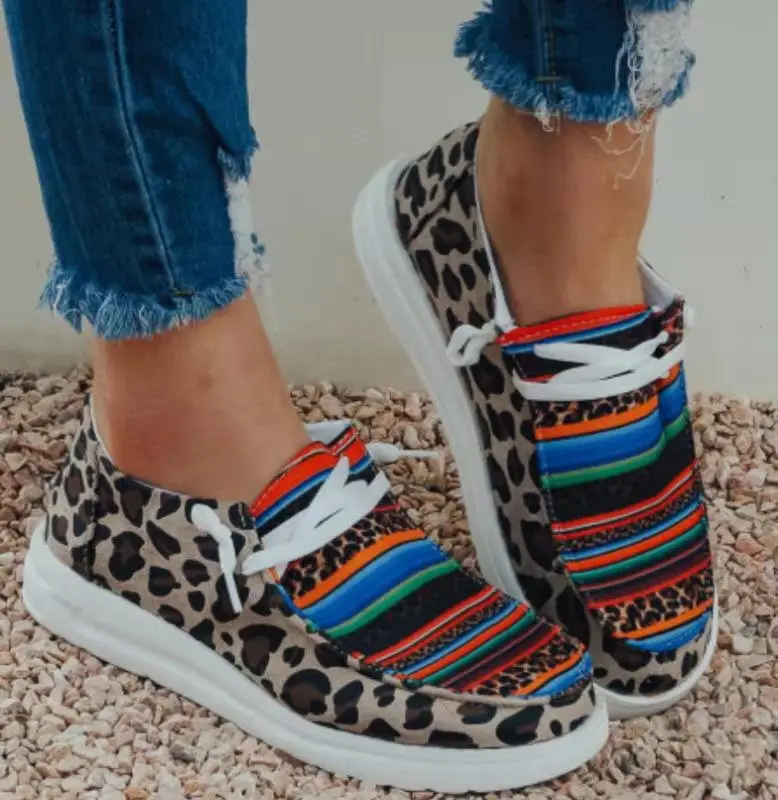 

Leopard Striped Katherine Women Lace Up Canvas Loafers Lightweight Serape Flat Shoes
