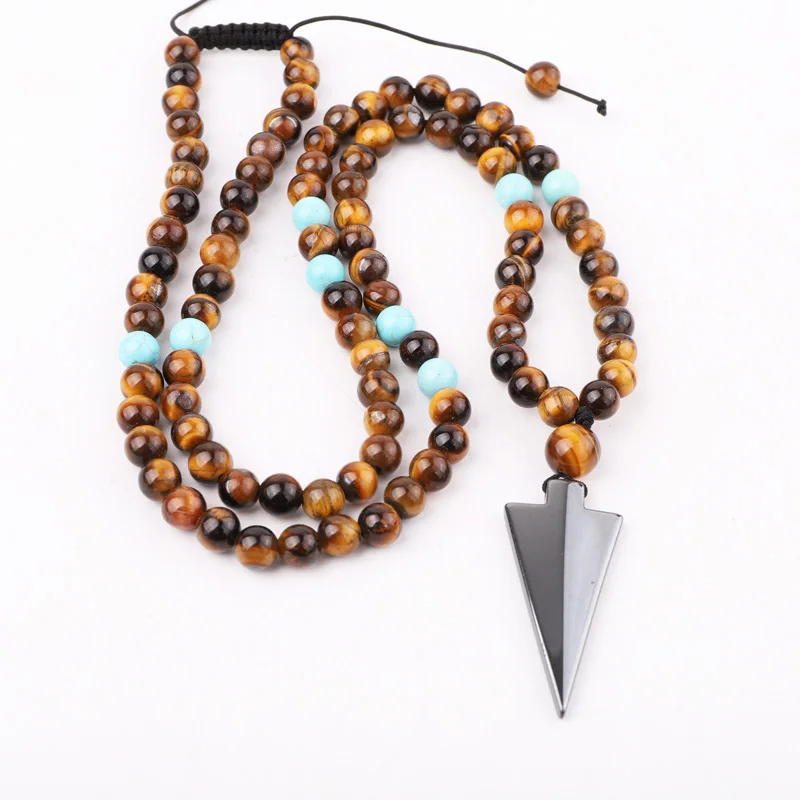 

New Design High Quality Natural Stone Brown Tiger Eye Turquoise Hematite Triangle Pendant Men Necklace