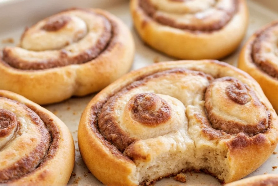 Vegan cinnamon buns with coconut cream cheese frosting on wooden board