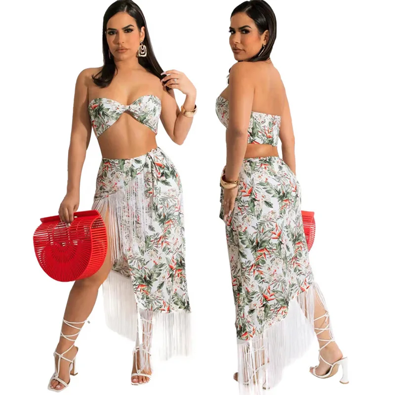 

Chiffon Print Two Piece Outfits Set Tube Top Tassel Skirt Two Piece Set 2022 Fashion Sexy Summer Two Piece Skirt Set