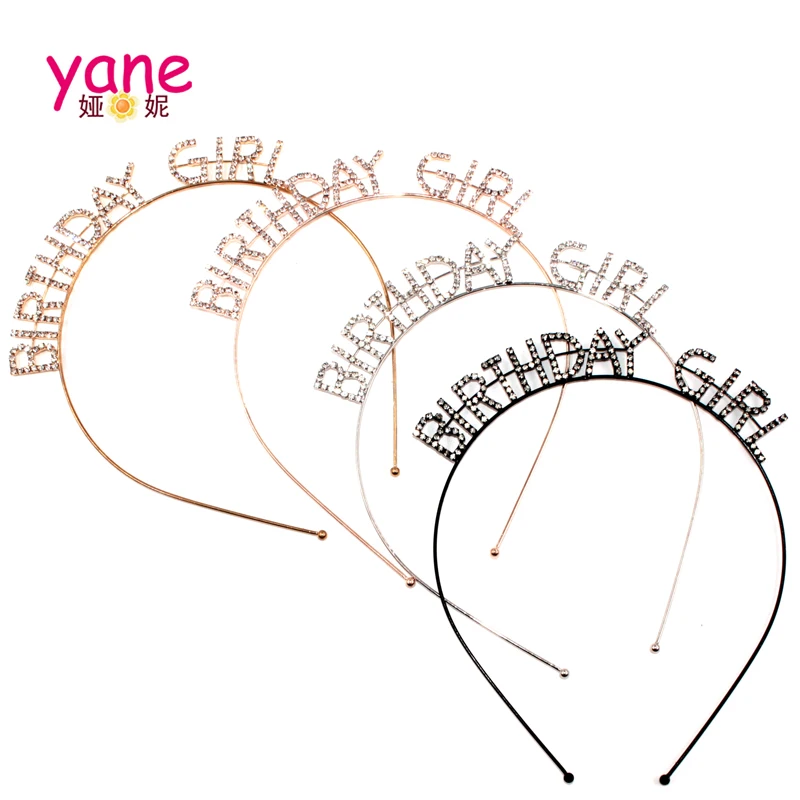 

Metal birthday style alloy letters design rhinestone headband golden color 0.5 cm width headband