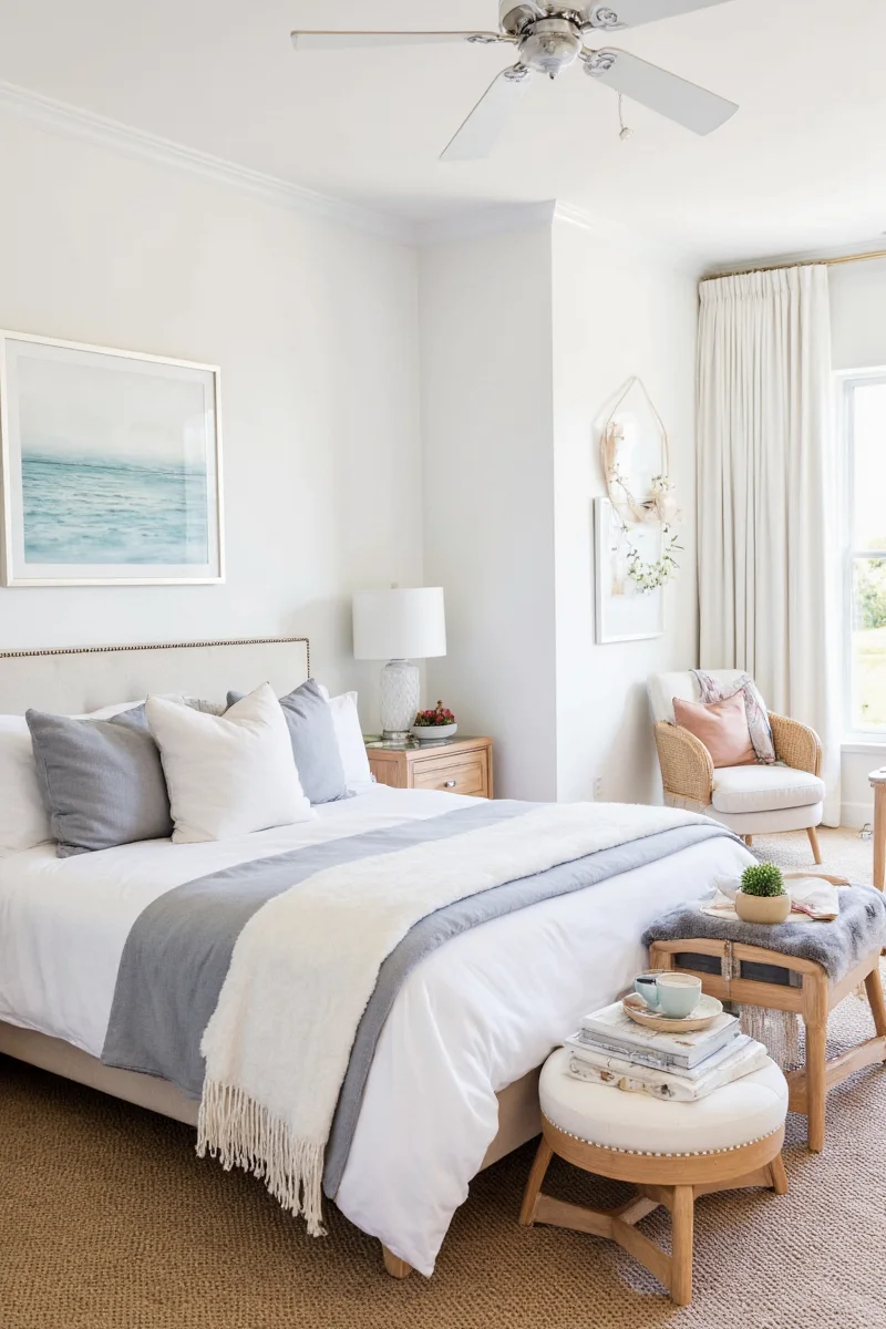 Coastal-themed family bedroom with bunk beds and soft lighting