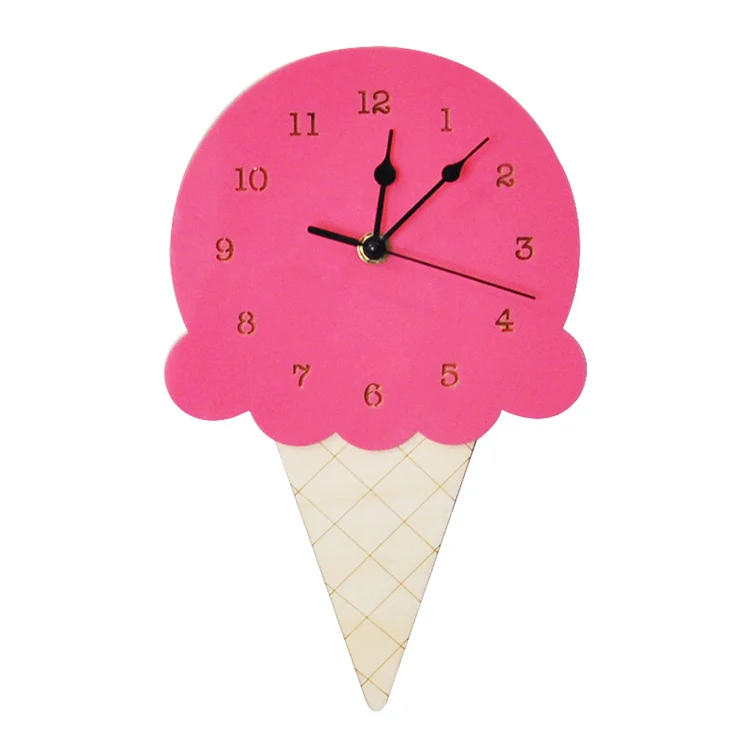 

Hot wooden ice cream shape children wall decor silent clock home cartoon decoration kids 3D hanging gift, Pink