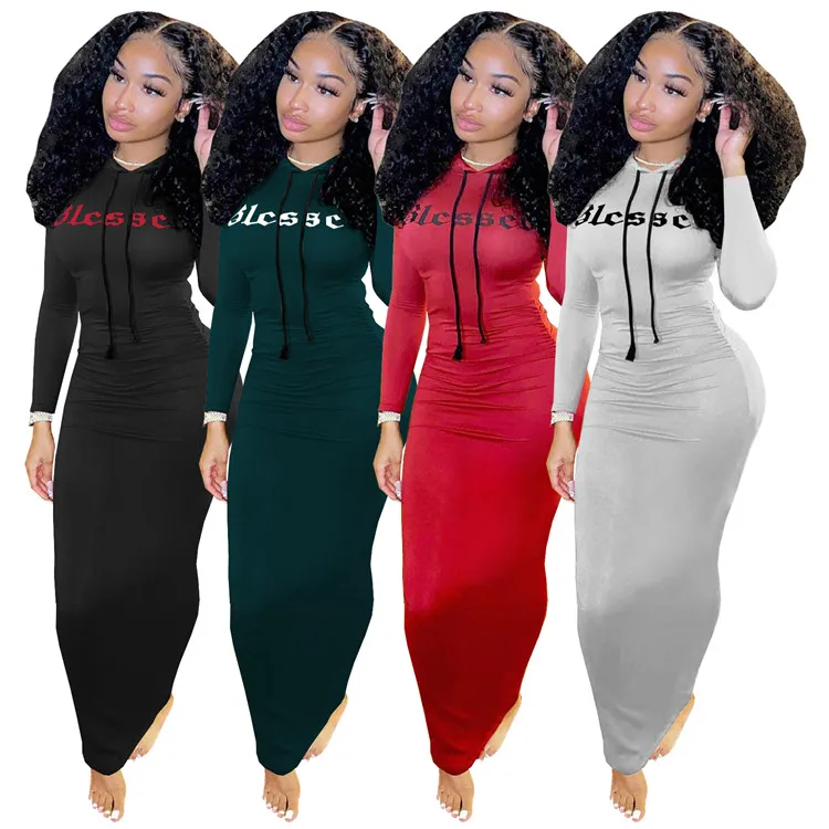 

Popular Ladies Casual Dress Long Sleeve Hooded Letter Print Fall Women Maxi Dresses, Picture color