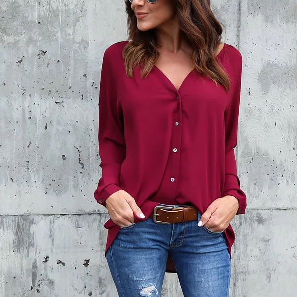 

Women's Summer V-neck Blouses Button Long Sleeve Loose Chiffon Shirt love&roses top sleeves shirts for women blouses