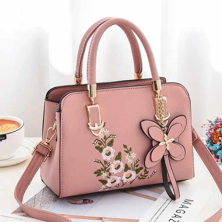 

Fresh Sweet Women Appliques Flowers Handbags China Wholesale Pu Lady Bags Girl Pure pink Square Handbag, 8colors