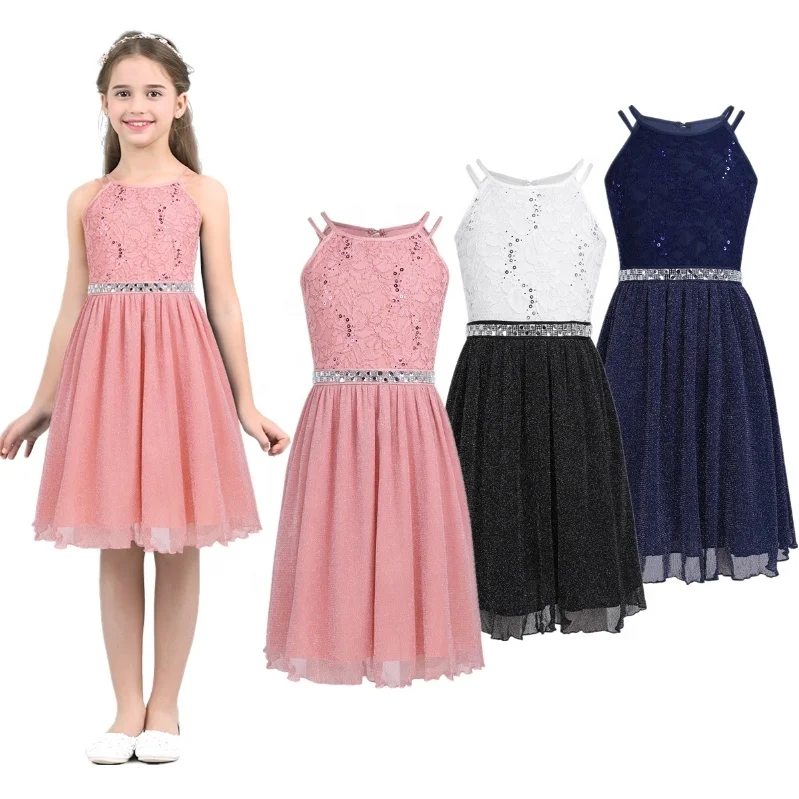 

Flower Girls Sleeveless Sequined Floral Lace Double Layer Ruffle Dress Birthday Party Bridesmaid dresses